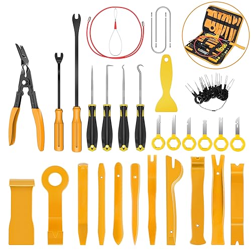 GOOACC 40Pcs Trim Removal Tool,Auto Terminal Removal Key Tool,Auto Clip Pliers Stereo Removal Tools,Car Upholstery Repair Removal Kit,Precision Hook and Pick Set,Wiring Threader,Car Film Scrape-Yellow - color: Yellow