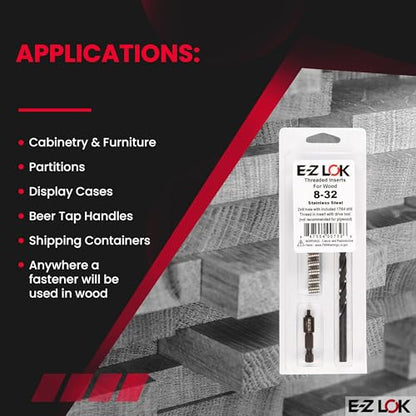 E-Z LOK 400-008-CRThread Installation Kit for Wood Stainless Steel Threaded Inserts, Includes 8-32 Knife Thread Inserts (10), Drill, Installation Tool - size: 8-32
