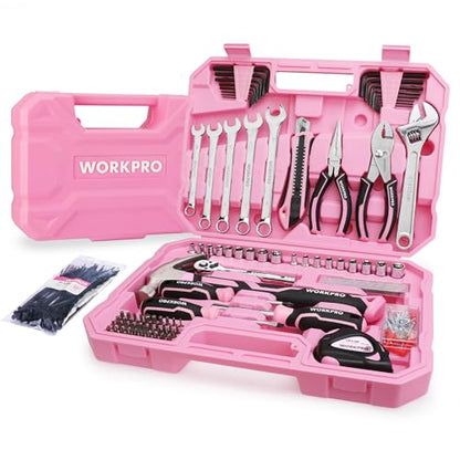 WORKPRO Pink Tool Set, 284 PCS Tool Kit for Women, Basic Household Tool Box with Sockets, Pliers, Ratchet Handle, Portable Toolkit for Home Repair, New Apartment, House-Warming, DIY - Pink Ribbon