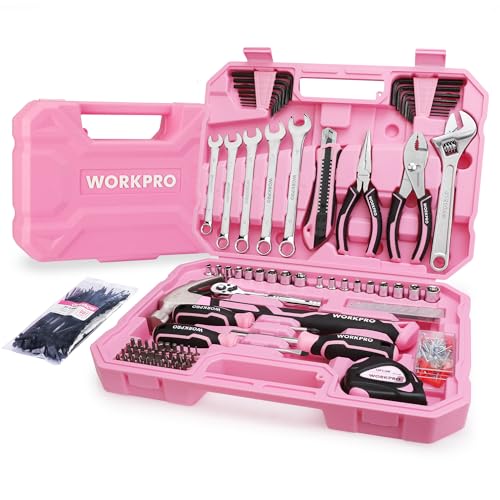 WORKPRO Pink Tool Set, 284 PCS Tool Kit for Women, Basic Household Tool Box with Sockets, Pliers, Ratchet Handle, Portable Toolkit for Home Repair, New Apartment, House-Warming, DIY - Pink Ribbon