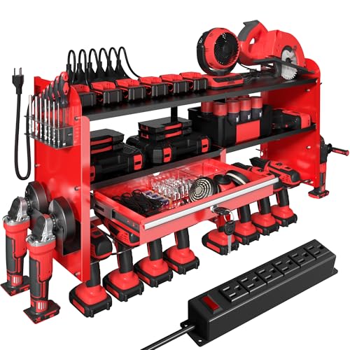 KSVO Power Tool Organizer Wall Mount with Drill Rack, Grinder Holder, Hammer & Pliers Rack, Locking Drawers, 6-Outlet Charging Shelf – Heavy Duty Metal Tool Storage for Garage, Workshop (Red) - color: Red