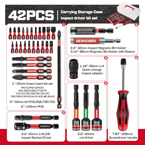 Geinxurn 42Pcs Impact Screwdriver Set,Impact Screwdriver Bit Set Phillips/Hex/Torx/Square/Slotted Insert Power Bits Tips,Impact Nut Driver,Bit Holder and Screwdriver Handle with Red Storage Box Case