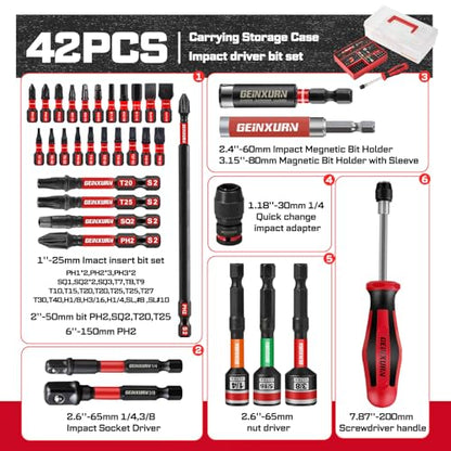 Geinxurn 42Pcs Impact Screwdriver Set,Impact Screwdriver Bit Set Phillips/Hex/Torx/Square/Slotted Insert Power Bits Tips,Impact Nut Driver,Bit Holder and Screwdriver Handle with Red Storage Box Case
