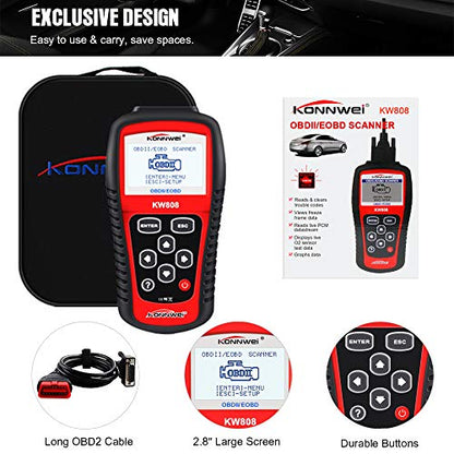 KONNWEI KW808 Auto OBDII Code Reader 2.8"Large Screen OBD2 Scanner with Full Diagnostic Scan Tool Functions Check Car Engine Light Fault Code Analyzer for All 1996 and Newer Cars with OBD II Protocol