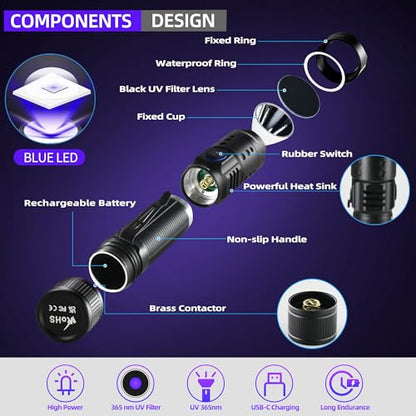 DARKBEAM UV Flashlight 365nm Black Light - Mini & Powerful LED Ultraviolet Blacklight Flashlights - Rechargeable Woods Lamp for AC Leak, Resin Curing, Cat/Dog Urine, Blood Tracking, Rocks Finder