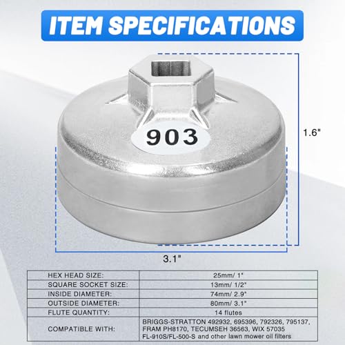 74mm Oil Filter Wrench: 14 Flutes Oil Filter Removal Tool Compatible with FL-910S/FL-500-S, BRIGGS-STRATTON 492932/695396/792326, FRAM PH8170, TECUMSEH 36563, WIX 57035 Lawn Mower Oil Filters