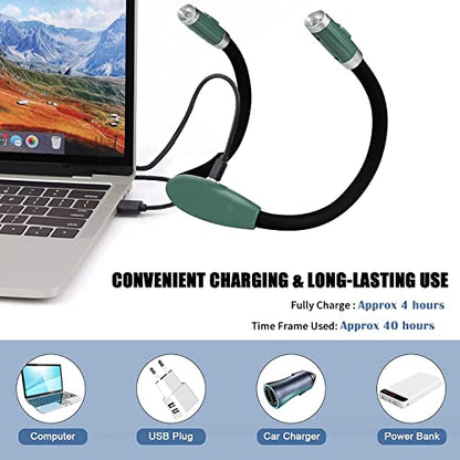 Rechargeable 4 LED Neck Reading Light, Book Lights for Reading in Bed, 3 Brightness Levels, Bendable Arms, Long Lasting. Perfect for Reading, Craft & Knitting (Army Green) - color: Army Green