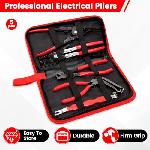 5Pcs Automotive Electrical Disconnect Pliers Kit, Connector Removal Tool, Straight Hose Clamp Plier, Single Ear Clamp Plier, 60° Angled Pliers, 2 in 1 Clip Pliers with Case - color: 5Pcs