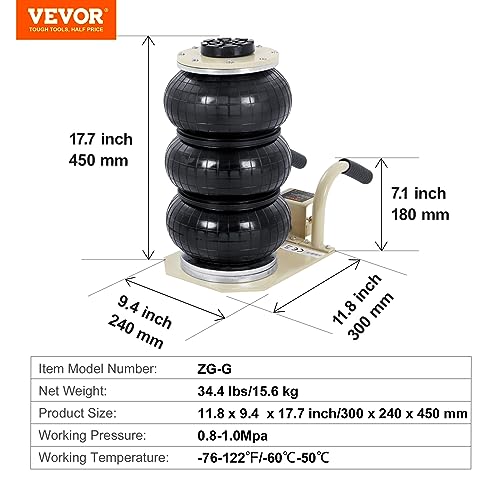 VEVOR Air Jack, 3 Ton/6600 lbs Triple Bag Air Jack, Airbag Jack with Six Steel Pipes, Lift up to 17.7 inch/450 mm, 3-5 s Fast Lifting Pneumatic Jack, with Short Handles for Car Repair - style: 3T/high 17.7in-short Handle