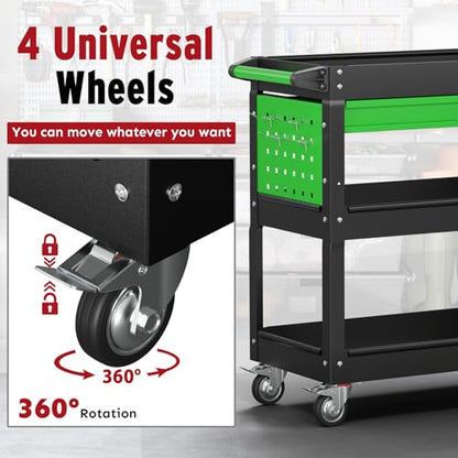 3 Tier Rolling Cart, Heavy Duty Utility Industrial Service Carts on Wheels, Metal Tool Cart with Locked Drawers, Ideal for Garage, Warehouse and Repair Shop (Black&Green) - color: Black&green
