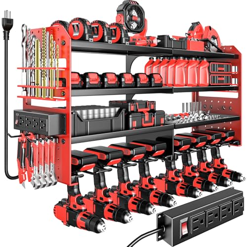 Large Power Tool Organizer Wall Mount with Charging Station, 4 Layer Heavy Duty Metal Cordless Tool Organizer, Tool Storage Rack with 8 Cordless Drill Holder Screwdriver Hammer(Red) - color: Red