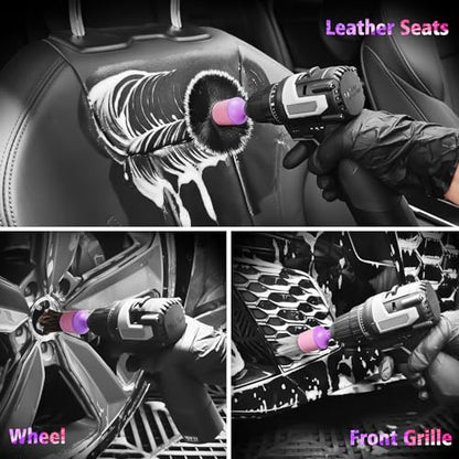 YeewayVeh 3PCS Car Detailing Drill Brush Set, Mixed Detail Brushes, Pink | No Scratch Boars Hair & Ultra Soft Detailing Brushes for Air Vent, Leather Seat, Interior Exterior, Drill Attachment Included - color: Pink