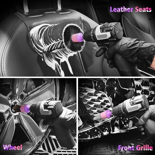 YeewayVeh 3PCS Car Detailing Drill Brush Set, Mixed Detail Brushes, Pink | No Scratch Boars Hair & Ultra Soft Detailing Brushes for Air Vent, Leather Seat, Interior Exterior, Drill Attachment Included - color: Pink