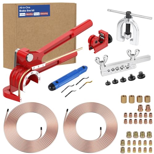 25ft Brake Line Kit with Deburring Tools, 3/16” & 1/4” Copper Steel Tubing, Includes Double/Single Flare Tool, Tube Cutter, Bender & Fittings, Universal Car & Truck DIY Repair Set - size: L-Double Flare