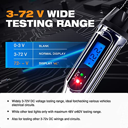 3-72V Backlit Digital LCD Circuit Tester, 140 Inch Wire & 2 LED Lights | ±0.2V Accuracy, Bidirectional Voltage Tester, Low Power, Anti-Lost Probe Protective Tip, LCD Digital Blue Backlight Display