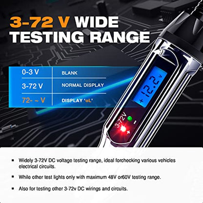 3-72V Backlit Digital LCD Circuit Tester, 140 Inch Wire & 2 LED Lights | ±0.2V Accuracy, Bidirectional Voltage Tester, Low Power, Anti-Lost Probe Protective Tip, LCD Digital Blue Backlight Display