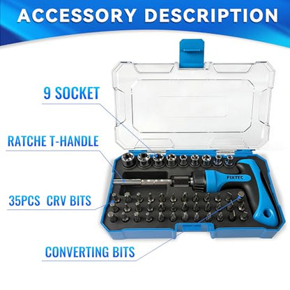 FIXTEC 47-Piece Ratcheting Screwdriver Sets and Ratchet Wrench, Magnetic T-Handle Home Repair Kit with Plastic Toolbox Storage Case