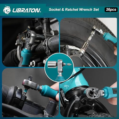LIBRATON 26PCS 1/4" Drive Mini Socket & Ratchet Wrench Set with Bits, 4-14mm Metric Shallow Sockets, Mini Ratchet Set, Screwdriver Bit Set, Extension Bar, with Storage Case for DIY, Auto Repair