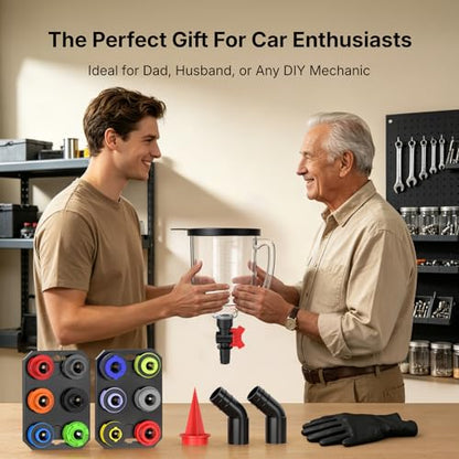 19-Piece Spill Proof Oil Funnel Kit For Automotive Use w/ 12 Adapter, 1.6QT | LOYAMAT Oil Funnel w/ 12 Adapters, 2 Magnetic Trays, 45° Elbows, Filter & Gloves Transparent Body w/Scale & Shut-Off Valve