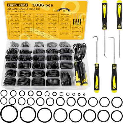 1086 PCS O-Rings Assortment Kit with 4 Pick & Hook Tools - 32 Sizes SAE Buna-N O Ring Set Compliant with AS568 Standards, Ensure Leak-Proof Seals for Hydraulic, Plumbing & Automotive Repairs - style: 1086 PCS O-Rings Kit