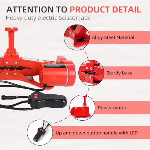EFFIROSO Premium 10 in 1 Electric Scissor Jack Enhanced Safety 3 Ton Car Jack Kit Automatic 12V Tire Repair Kit for Sedans SUV Tire Replacement - color: red