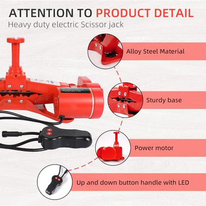 EFFIROSO Premium 10 in 1 Electric Scissor Jack Enhanced Safety 3 Ton Car Jack Kit Automatic 12V Tire Repair Kit for Sedans SUV Tire Replacement - color: red