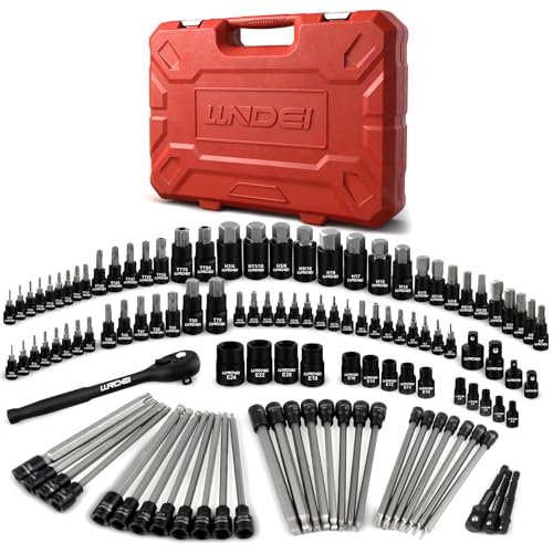 LLNDEI 115-Piece Torx & Allen Bit Socket Set, 1/4",3/8"and 1/2" Drive, Extra Long Torx//Tamper Proof Torx/Hex/Ball End Hex Socket Set, S2 Steel, SAE/Metric, with Ratchet Wrench & Adapters