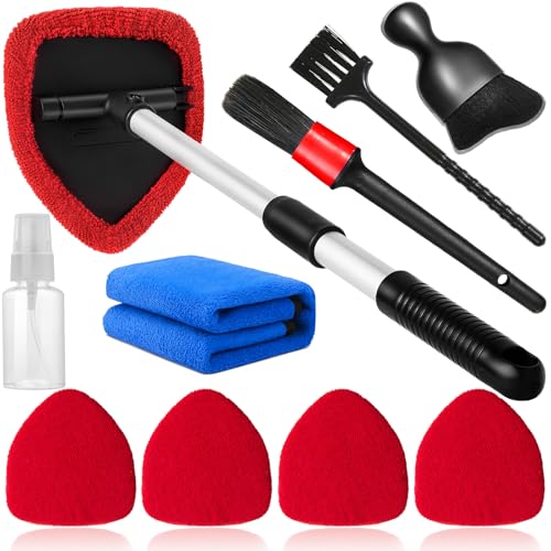 Qydipclin 10pcs Windshield Cleaning Tool Inside Car Window Cleaner Wash Kit with 4 Reusable Microfiber Pads 1 Spray Bottle and Extendable Handle Interior Auto Glass Wiper Kit, Red - color: Red