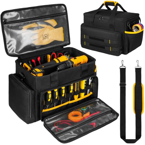 Tool Bag 15 Inch,Heavy Duty Tool Organizer,Tactical Range Tool Tote,30 Pockets & Anti-Friction Bottom,Water-Resistant,Tool Box for Him Dad Men,Electrician,Carpenter,Repairman,Ideal Gift for Father - color: Black