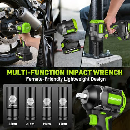 1/2 Brushless Cordless Impact Wrench Kit, Max 850Nm (630ft-Lbs) Lightweight Electric Impact Gun with Variable Speed, 1 Pack 20V 4Ah Battery, 4 Sockets for Home & DIY Project - style: 850N.m with 1 Battery