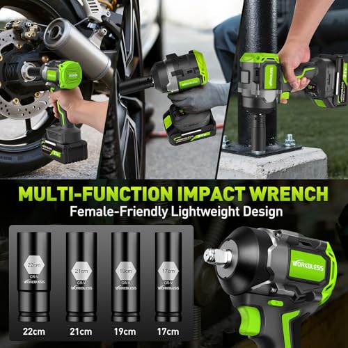 1/2 Brushless Cordless Impact Wrench Kit, Max 850Nm (630ft-Lbs) Lightweight Electric Impact Gun with Variable Speed, 1 Pack 20V 4Ah Battery, 4 Sockets for Home & DIY Project - style: 850N.m with 1 Battery