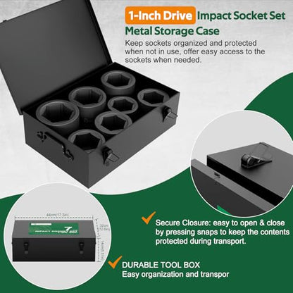 1-Inch Drive Socket Set, 7-Piece, Jumbo Impact Socket for Trailer | SAE, 3", 3-1/8", 3-1/4'', 3-3/8", 3-1/2",3-3/4", 4" Shallow Spindle Axle Nut Socket Set with Metal Case for Heavy Equipment - size: 3"-4"