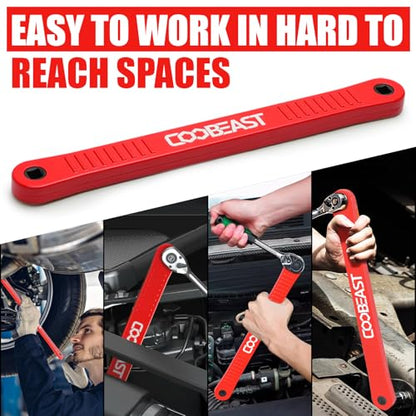 coobeast Red Offset Extension Wrench Impact Ready Socket Wrench Extender Tool with Versatile 1/4", 3/8", and 1/2" Square Drive Adapters, Universal Extensions Wrench for Small Place - color: Red, size: 13.4 inch