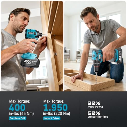 SEESII 21V Max Cordless Drill and Impact Driver, Power Tool Combo Kit Included 3/8'' Drill & 1/4'' Impact Driver, 2x 4000mAh Battery, Fast Charger, 20 pcs Driver Bit Set & Bag - color: Blue 21