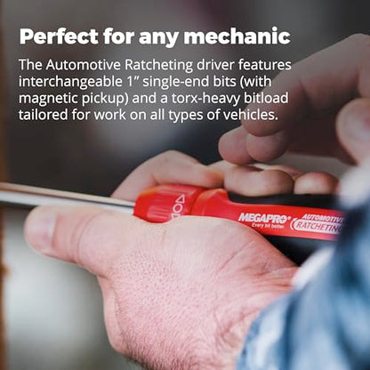 Megapro Automotive Screwdriver Set | One Multi-Bit Screwdriver with ¼” Hex Shaft | Phillips, Torx | Compact Automotive Bit Set (Ratcheting) - style: Ratcheting