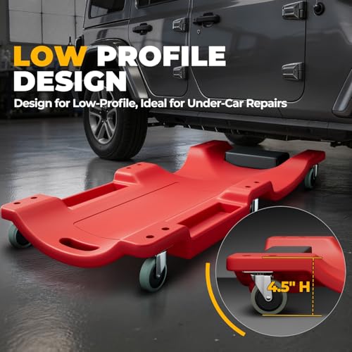 Auto Dynasty 40 Inches Mechanic Creeper, Automotive Garage Repair Low Profile Under Car Rolling Creeper with Padded Headrest, Plastic, Red - color: Red, size: 40" L