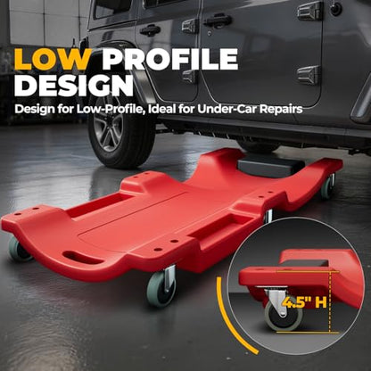 Auto Dynasty 40 Inches Mechanic Creeper, Automotive Garage Repair Low Profile Under Car Rolling Creeper with Padded Headrest, Plastic, Red - color: Red, size: 40" L