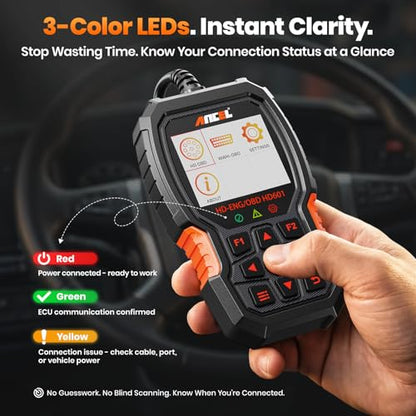 ANCEL New HD601 Heavy Duty Truck Scanner, Diesel Full System Diagnostic Scan Tool Fits for Cummins, Detroit, Volvo, Paccar & Caterpillar, 2 in 1 HDOBD & OBD2 Code Reader for Commercial Vehicles & Cars - color: orange
