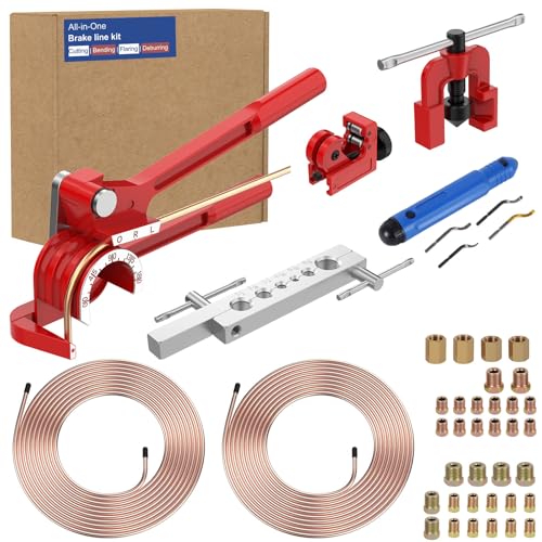 Brake Line Kit with Deburring Tool - 3/16" and 1/4" 25ft Copper Coated Brake Line with Fittings, Complete Repair Set for Cars & Trucks & DIY, Includes Single Flare Tool, Bender and Tubing Cutter