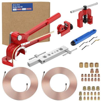 Brake Line Kit with Deburring Tool - 3/16" and 1/4" 25ft Copper Coated Brake Line with Fittings, Complete Repair Set for Cars & Trucks & DIY, Includes Single Flare Tool, Bender and Tubing Cutter - size: S-Single Flare