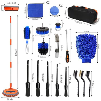 23Pcs Car Wash Kit,62" Car Wash Brush Mop with Long Handle,Car Cleaning Kit,Car Detailing Brush Set,Car Wash Bucket with Filter,Windshield Window Squeegee for Cars RV Truck Boat
