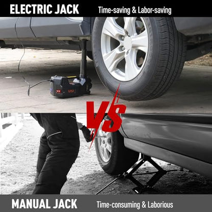 Trihelper Electric Car Jack 5 Ton 12V Floor Jack Hydraulic Jack Stand Car Lift Jack with Integrated Tire Pump for SUV Truck Sedan Vehicle Roadside Emergency Tire Change | Lift Range 5.9-17.7in, Fits Sedan SUV MPV Truck, 150 PSI Gauge, Blue Red Flashing Li