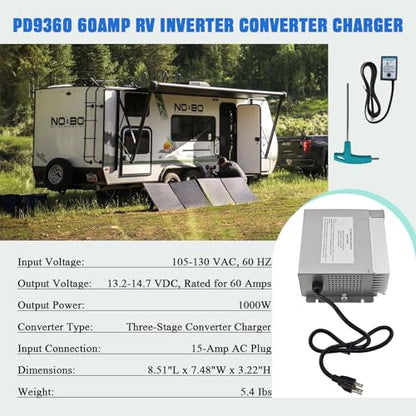 PD9360 RV Converter Charger 60 Amp 1000W, 120V AC to 12V DC RV Power Converter, Built-in Charge Wizard, Compatible with 9300 Series, AGM Lithium LiFePO4 Lead Acid Battery Charger for RV Camper Trailer - size: 9360