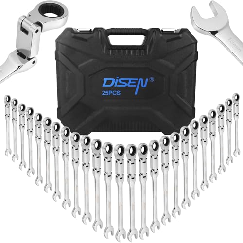 DISEN Ratcheting Wrench Set 25pcs, Flex Head Ratchet Wrenches Double Foldable, Metric 8-19mm and SAE 1/4'' -3/4'', 72-Teeth, Cr-V Steel,12 Point Combination Wrench set with Heavy Duty Case - size: 25pc Metric & SAE Set