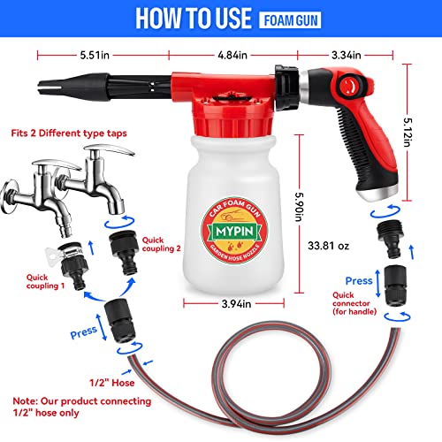 Car Wash Foam Gun/Hose Sprayer, 16 IN 1 Foam Cannon for Car/Garden Cleaning | Adjustable with 2.5-6 Ratio Dial Foam Blaster, 1L Bottle, Nozzles, Mitten&Towel, 1/2” Quick Connector for Garden Hose,Sprayer - style: 16 IN 1 Car Wash Foam Gun