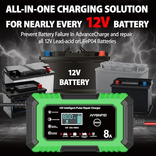 12V Battery Charger 8-Amp Smart Trickle Charger, Green | Battery Maintainer and Desulfator, Temperature Compensation, for Car, Truck, SUV, Motorcycle, Boat, Lead Acid, LiFePO4 - color: Green