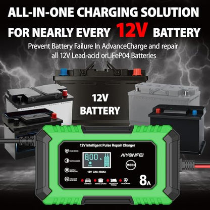 12V Battery Charger 8-Amp Smart Trickle Charger, Green | Battery Maintainer and Desulfator, Temperature Compensation, for Car, Truck, SUV, Motorcycle, Boat, Lead Acid, LiFePO4 - color: Green