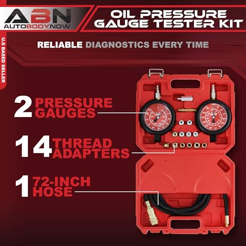 ABN Engine Oil Pressure Tester Tool Kit – Professional Oil Pressure Gauge Kit up to 400 PSI, High and Low Pressure Gauge Kit for Engine Diagnostic, Engine Oil Pressure Tool Kit | Engine Oil & Transmission Gauge Kit, Dual Gauges 0-100 & 0-400 PSI, 14 Adapt