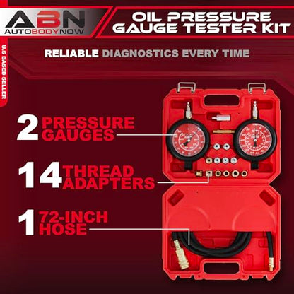 ABN Engine Oil Pressure Tester Tool Kit – Professional Oil Pressure Gauge Kit up to 400 PSI, High and Low Pressure Gauge Kit for Engine Diagnostic, Engine Oil Pressure Tool Kit | Engine Oil & Transmission Gauge Kit, Dual Gauges 0-100 & 0-400 PSI, 14 Adapt