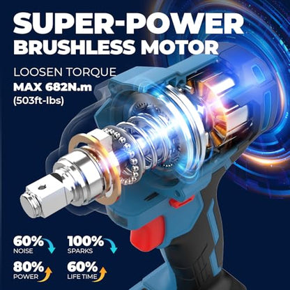 Dong Cheng 20V Brushless Impact Wrench, Max Torque 503 ft-lbs (682 N.m), 1/2 inch with 3 Mode Speed, 2400 RPM Cordless Impact Gun, Includes 4.0Ah Battery, Charger, 5 Impact Sockets and Kit Bag - style: One Battery